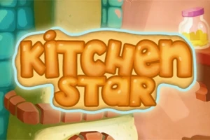 Chữ Kitchen Star màu cam trên nền bếp hoạt hình với lọ thủy tinh ở góc phải