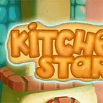 Chữ Kitchen Star màu cam trên nền bếp hoạt hình với lọ thủy tinh ở góc phải