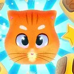 Mặt mèo hoạt hình màu cam với biểu cảm dễ thương, xung quanh là các ngôi sao vàng và xúc xắc trên nền xanh sáng