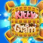 Chữ Kitty Gram được viết trên nền các khối vuông giống bánh quy với hình ảnh mèo dễ thương, xung quanh có các ngôi sao và tia sáng lấp lánh trên nền xanh