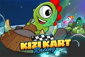 Nhân vật hoạt hình màu xanh lá cây lái xe kart với cờ đua và các nhân vật khác phía sau