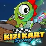 Nhân vật hoạt hình màu xanh lá cây lái xe kart với cờ đua và các nhân vật khác phía sau