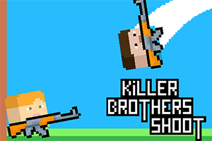 Hình ảnh hai nhân vật pixel ôm súng trong phong cách pixel art với nền trời xanh và dòng chữ Killer Brothers Shoot