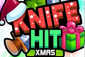 Hình ảnh có chữ KNIFE HIT XMAS với chữ KNIFE được phủ tuyết, một cây rìu, một món quà màu xanh lá cây và đỏ, cùng với một chiếc mũ ông già Noel