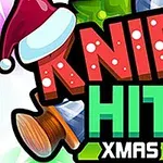 Hình ảnh có chữ KNIFE HIT XMAS với chữ KNIFE được phủ tuyết, một cây rìu, một món quà màu xanh lá cây và đỏ, cùng với một chiếc mũ ông già Noel