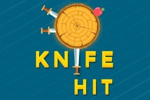 Tấm gỗ với ba con dao cắm vào và một quả táo nằm cạnh, kèm chữ KNIFE HIT trên nền xanh