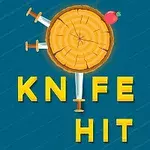 Tấm gỗ với ba con dao cắm vào và một quả táo nằm cạnh, kèm chữ KNIFE HIT trên nền xanh