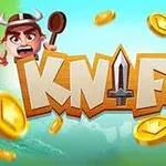 Hai nhân vật hoạt hình với biểu cảm khuôn mặt đa dạng đứng cạnh từ KNIFE lớn ở giữa, xung quanh là nhiều đồng xu vàng nổi bật
