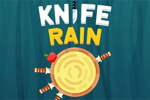 Hình ảnh có chữ KNIFE RAIN, bên dưới là một khúc gỗ tròn với dao cắm xung quanh và một quả táo nằm trên gỗ