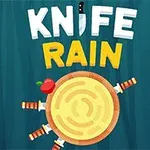Hình ảnh có chữ KNIFE RAIN, bên dưới là một khúc gỗ tròn với dao cắm xung quanh và một quả táo nằm trên gỗ