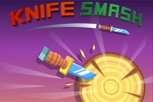 Dao đâm vào một khúc gỗ với tiêu đề KNIFE SMASH ở phía trên nền màu tím