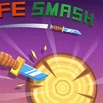 Dao đâm vào một khúc gỗ với tiêu đề KNIFE SMASH ở phía trên nền màu tím
