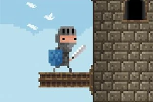 Hiệp sĩ pixel cầm kiếm và khiên đứng trước tòa tháp bằng đá