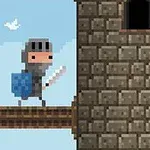 Hiệp sĩ pixel cầm kiếm và khiên đứng trước tòa tháp bằng đá