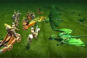 Các chiến binh cưỡi ngựa và một máy bắn đá đối đầu với rồng xanh trên đồng cỏ xanh