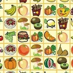 Hình ảnh gồm nhiều ô vuông chứa các biểu tượng trái cây, rau củ và món ăn đa dạng như dưa hấu, cam, thịt gà, và khoai tây