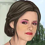 Một người phụ nữ tóc nâu, trang điểm nổi bật với mắt màu hồng và môi đỏ, đứng trước nền cây cối và bầu trời