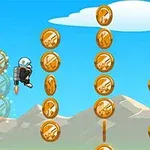 Một nhân vật đội mũ bảo hiểm đang bay bằng động cơ phản lực giữa không trung, xung quanh là các đồng xu vàng, với bối cảnh bầu trời và núi non