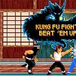 Ba nhân vật đang chiến đấu trong một cảnh võ đường, với một con rồng và dòng chữ Kung Fu Fight: Beat Em Up nổi bật phía trên