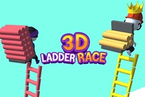 Hai nhân vật hoạt hình đang leo thang với chữ 3D LADDER RACE ở giữa trên nền xanh