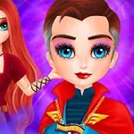 Hai nhân vật hoạt hình với mái tóc đỏ dài và trang phục siêu anh hùng đứng trên nền màu tím