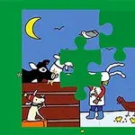 Hình ảnh mô tả một trang trại với các mảnh ghép còn thiếu, có con chó đội mũ đầu bếp, bò, gà, chim, và mặt trăng lưỡi liềm trên bầu trời xanh