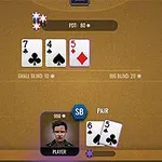Người chơi với cặp bài 6 bích và 5 tép, trên bàn có các lá bài 7 tép, 4 bích và 5 rô, cùng với các chip cược