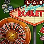 Biển hiệu Las Vegas Roulette với bàn quay roulette và bảng số cá cược trên nền xanh lá cây