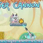 Một khẩu súng laser bắn vào quái vật lông xù nằm trên các nền tảng khác nhau, với chữ LASER CANNON phía trên cùng
