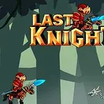 Hiệp sĩ áo giáp đỏ cầm kiếm xanh đối đầu với rồng xương dưới dòng chữ LAST KNIGHT trên nền rừng tối
