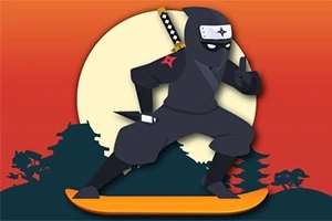 Ninja mặc trang phục đen đang lướt trên ván, phía sau là mặt trăng lớn và bóng cây trong khung cảnh hoàng hôn