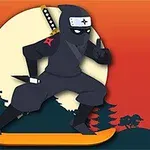Ninja mặc trang phục đen đang lướt trên ván, phía sau là mặt trăng lớn và bóng cây trong khung cảnh hoàng hôn