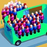 Hình ảnh một chiếc xe buýt màu xanh lá cây với nhiều nhân vật hình người nhỏ đứng bên trong