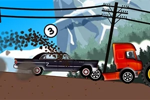 Xe tải đỏ và xe cổ đi trên sườn đồi, với núi tuyết ở phía sau