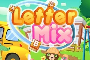 Tiêu đề Letter Mix với chữ màu cam và hồng, bên cạnh là các khối chữ cái trên nền cảnh trường học với xe buýt và khu vui chơi