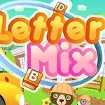 Tiêu đề Letter Mix với chữ màu cam và hồng, bên cạnh là các khối chữ cái trên nền cảnh trường học với xe buýt và khu vui chơi