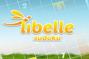 Logo libelle sudoku với hình ảnh con chuồn chuồn màu cam trên nền lưới số và màu xanh dương