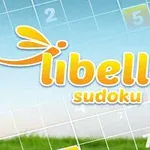 Logo libelle sudoku với hình ảnh con chuồn chuồn màu cam trên nền lưới số và màu xanh dương