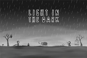 Cảnh đen trắng với dòng chữ LIGHT IN THE DARK, hình bóng cây cối, nhân vật và một con bọ đang đi trong mưa