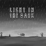 Cảnh đen trắng với dòng chữ LIGHT IN THE DARK, hình bóng cây cối, nhân vật và một con bọ đang đi trong mưa