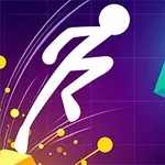 Hình ảnh một người đang nhảy lên trước một khối lập phương màu xanh lam trên nền màu tím