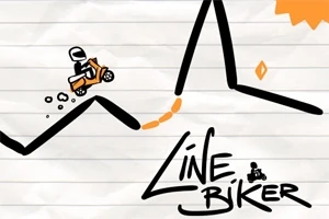 Một nhân vật lái xe máy trên đường nét vẽ tay với các đoạn dốc và có chữ Line Biker phía dưới