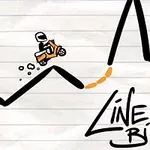 Một nhân vật lái xe máy trên đường nét vẽ tay với các đoạn dốc và có chữ Line Biker phía dưới