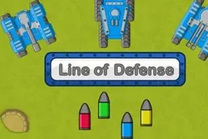 Hình ảnh hiển thị ba chiếc xe tăng màu xanh và bảng chữ Line of Defense cùng bốn viên đạn màu sắc trên nền xanh lục