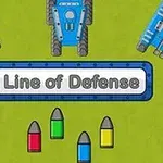 Hình ảnh hiển thị ba chiếc xe tăng màu xanh và bảng chữ Line of Defense cùng bốn viên đạn màu sắc trên nền xanh lục