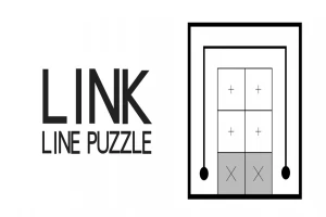 Văn bản LINK LINE PUZZLE bên trái và hình minh họa các ô vuông với biểu tượng cộng và đường kẻ nối các điểm bên phải