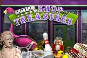 Hình ảnh của một cửa hàng với bảng hiệu Little Shop of Treasures, kèm theo tượng bán thân, trò chơi bowling, và các vật phẩm trang trí khác như người lính đồ chơi