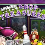 Hình ảnh của một cửa hàng với bảng hiệu Little Shop of Treasures, kèm theo tượng bán thân, trò chơi bowling, và các vật phẩm trang trí khác như người lính đồ chơi