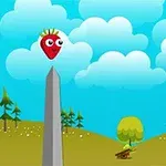 Hình ảnh cho thấy một quả dâu tây có mắt trên một cột cao giữa cảnh quan đồi núi với bầu trời xanh và mây trắng