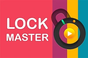 Văn bản LOCK MASTER trên nền nhiều màu sắc với biểu tượng ổ khóa và nút phát màu vàng